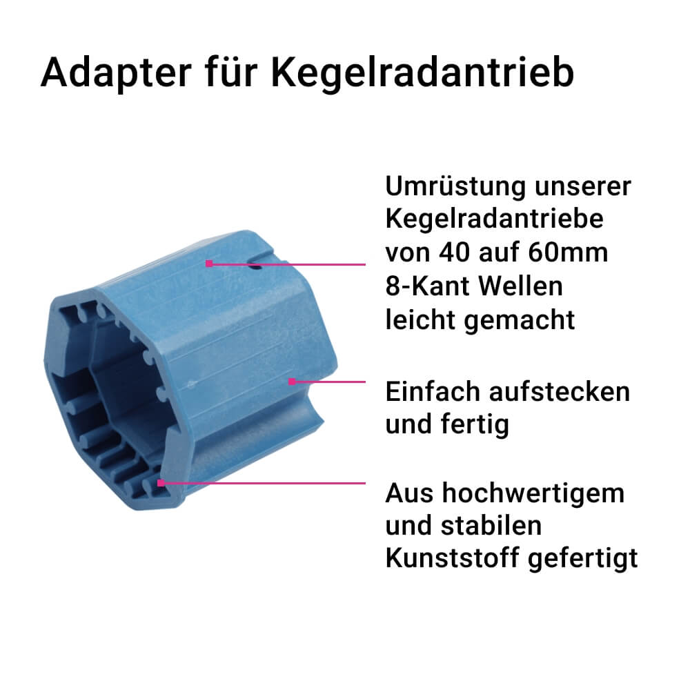 Adapter Kegelradantrieb | Anpassung Kegelradantrieb auf 60mm 8-Kant Welle aus PVC