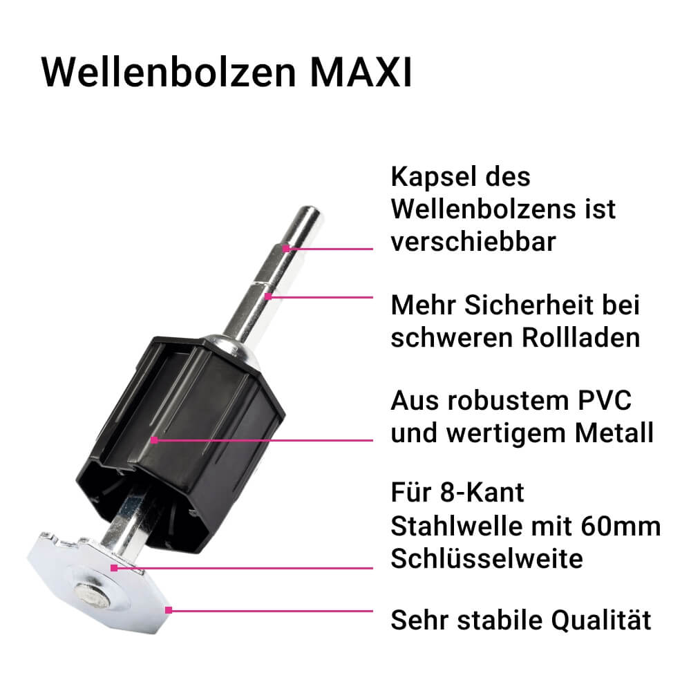 Wellenbolzen MAXI | für schwere Rollladen, für 60mm 8-Kant Stahlwellen geeignet, Stahlstift Ø 12mm