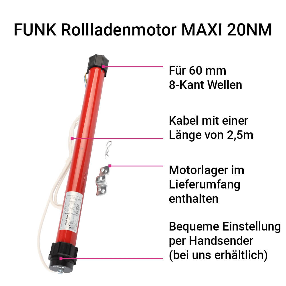 FUNK Rollladenmotor MAXI | Rohrmotor in verschiedenen Ausführungen mit Zugkraft bis zu 80kg (FU-20-R Motor derzeit nur in der Farbe grün erhältlich)
