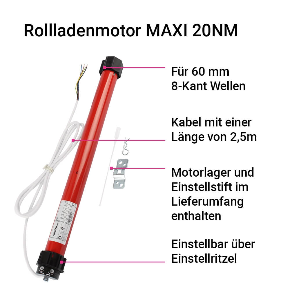 Rollladenmotor MAXI 20NM | Antrieb für 8-Kant Welle mit Zugkraft bis 40kg