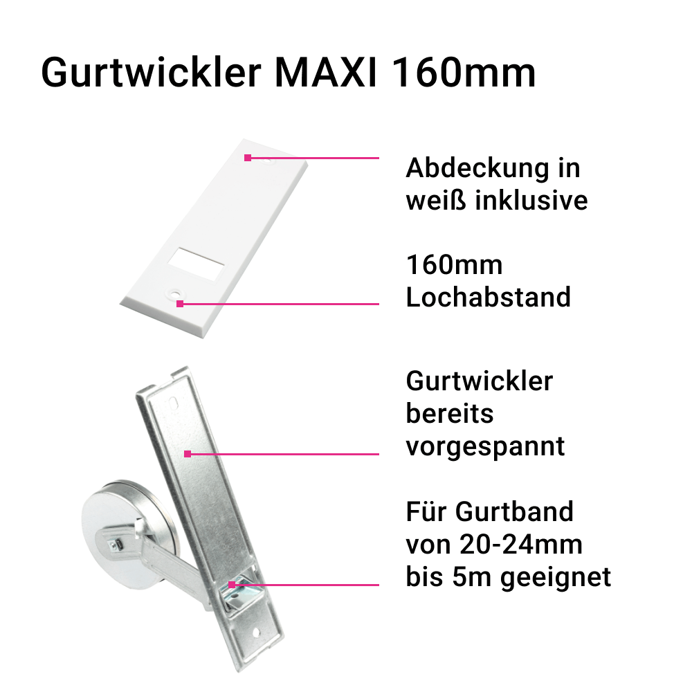 Gurtwickler MAXI 5m | Einlassgurtwickler inklusive weißer Abdeckung mit Lochabständen 105-185mm