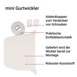 Gurtwickler mini AUFPUTZ | Aufputzgurtwickler mit Designkappen inkl. 14mm Gurt, Lochabstand 15,3cm